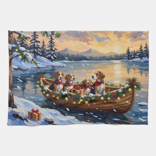 Beagle Christmas Boat Holiday キッチンタオル (横)