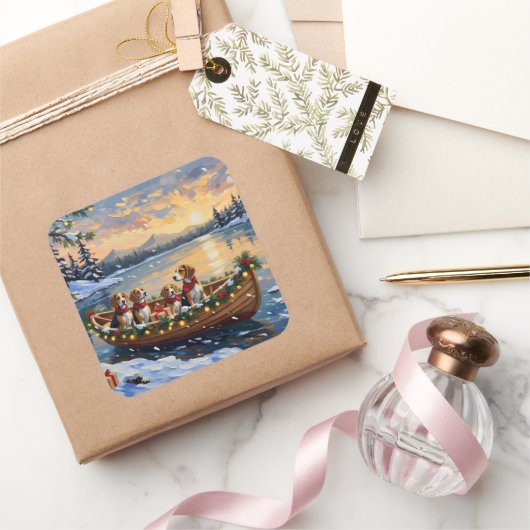 Beagle Christmas Boat Holiday スクエアシール (ギフト)