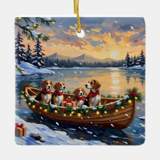 Beagle Christmas Boat Holiday セラミックオーナメント (正面)