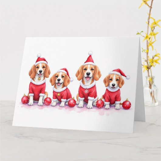 Beagle Christmas Dress Santa Hat カード (黄色い花)