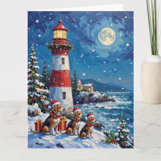Beagle Christmas Lighthouse Holiday カード (正面)
