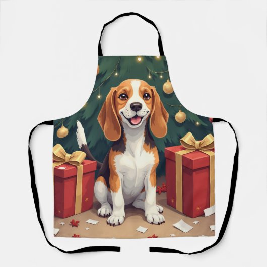 Beagle Christmas Morning Gift-Unboxing Painting エプロン (正面)