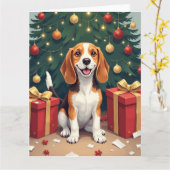 Beagle Christmas Morning Gift-Unboxing Painting カード (黄色い花)