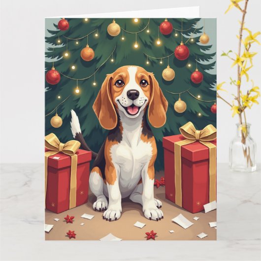 Beagle Christmas Morning Gift-Unboxing Painting カード (黄色い花)