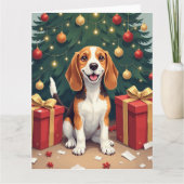 Beagle Christmas Morning Gift-Unboxing Painting カード (正面)