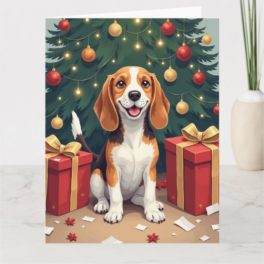 Beagle Christmas Morning Gift-Unboxing Painting カード (正面)