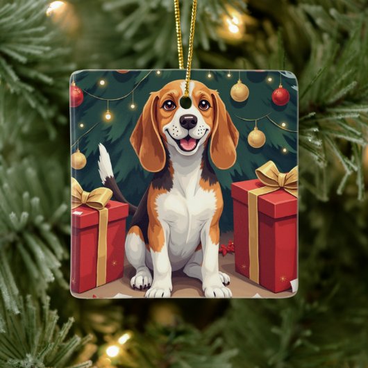 Beagle Christmas Morning Gift-Unboxing Painting セラミックオーナメント (ツリー)