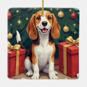 Beagle Christmas Morning Gift-Unboxing Painting セラミックオーナメント (裏面)
