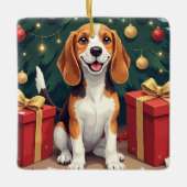 Beagle Christmas Morning Gift-Unboxing Painting セラミックオーナメント (正面)