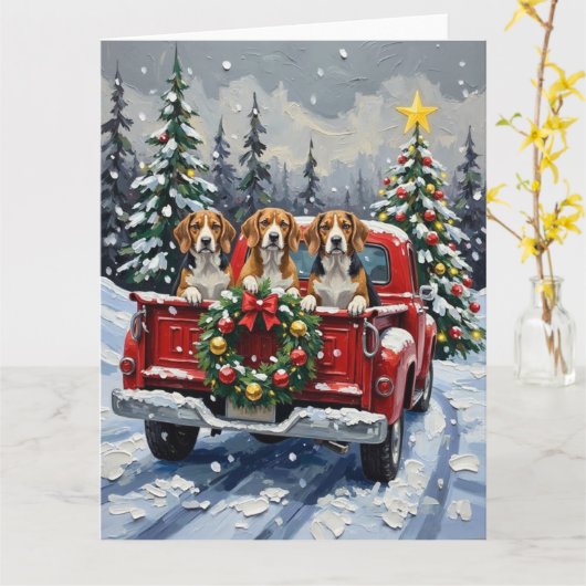Beagle Christmas Red Truck Holiday カード (黄色い花)