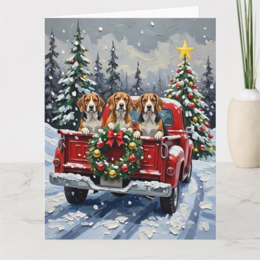 Beagle Christmas Red Truck Holiday カード (正面)