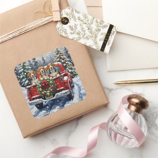Beagle Christmas Red Truck Holiday スクエアシール (ギフト)