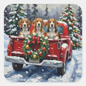 Beagle Christmas Red Truck Holiday スクエアシール (正面)