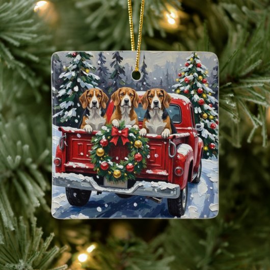 Beagle Christmas Red Truck Holiday セラミックオーナメント (ツリー)