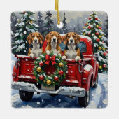 Beagle Christmas Red Truck Holiday セラミックオーナメント (正面)