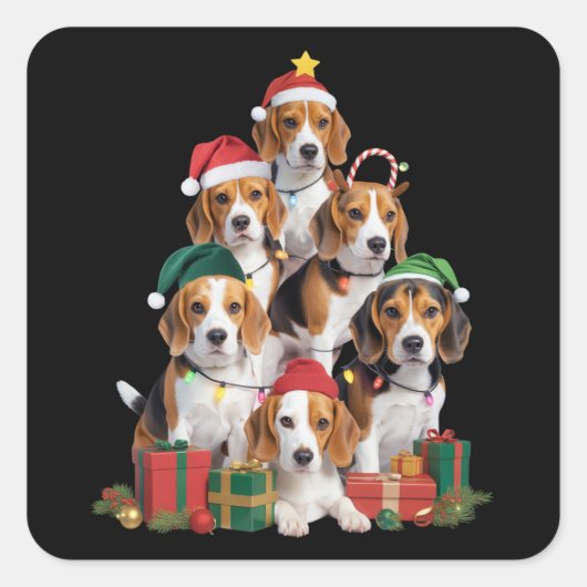 Beagle Christmas Tree With Santa Hat Dog Mom Dogs  スクエアシール (正面)
