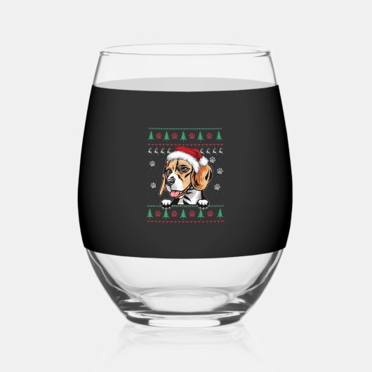 Beagle Christmas Uglyer Dog Xmas Oversized T-Shirt ステムなしワイングラス (正面)