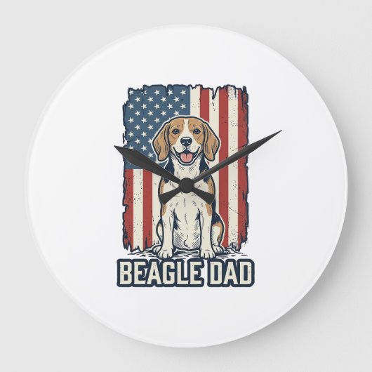 Beagle Dad Patriotic Vintage Engraving Dog Design_ ラージ壁時計 (正面)