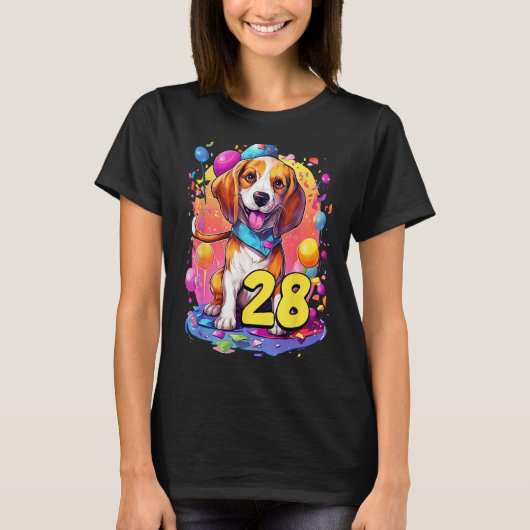 Beagle Dog 28誕生日をテーマにしたパーティー28歳 Tシャツ (正面)