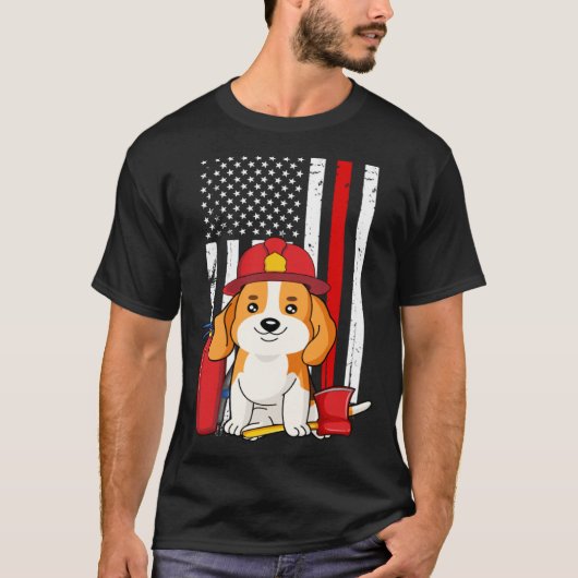 Beagle Dog Firefighter American Flag Thin Red Line Tシャツ (正面)