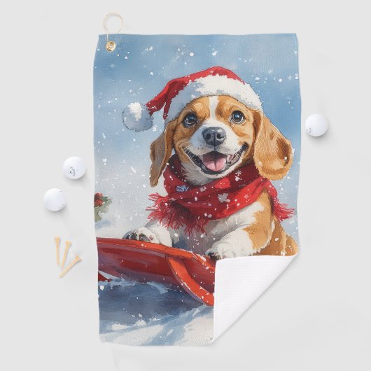 Beagle Dog in Sledge Let it Snow Christmas ゴルフタオル (インサイチュ)