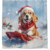 Beagle Dog in Sledge Let it Snow Christmas シャワーカーテン (正面)