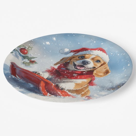 Beagle Dog in Sledge Let it Snow Christmas ペーパープレート (アングル)