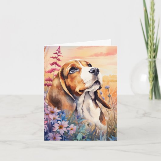 Beagle Dog Lover with Wildflower Meadow ノートカード (正面)