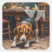 Beagle Dog Tracking Gingerbread Christmas Fun Art スクエアシール (正面)
