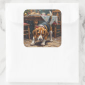 Beagle Dog Tracking Gingerbread Christmas Fun Art スクエアシール (バッグ)