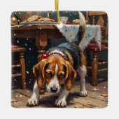 Beagle Dog Tracking Gingerbread Christmas Fun Art セラミックオーナメント (正面)