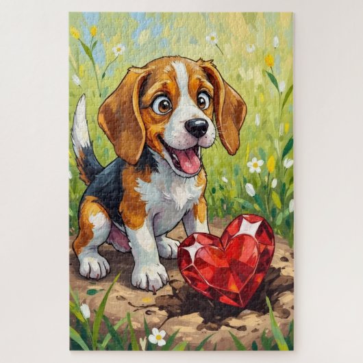 Beagle Dog Valentine's Day Heart Treasure Art ジグソーパズル (縦)