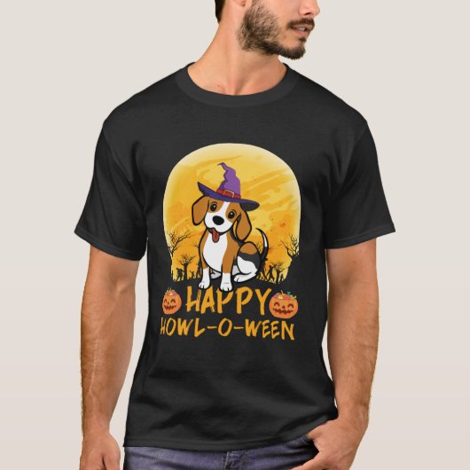 Beagle Dog Witch Scary Moon Halloween Happy Howl o Tシャツ (正面)