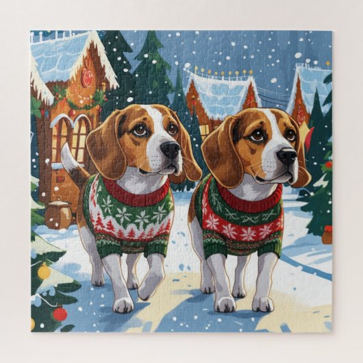 Beagle Dogs Christmas Snow Holiday ジグソーパズル (縦)