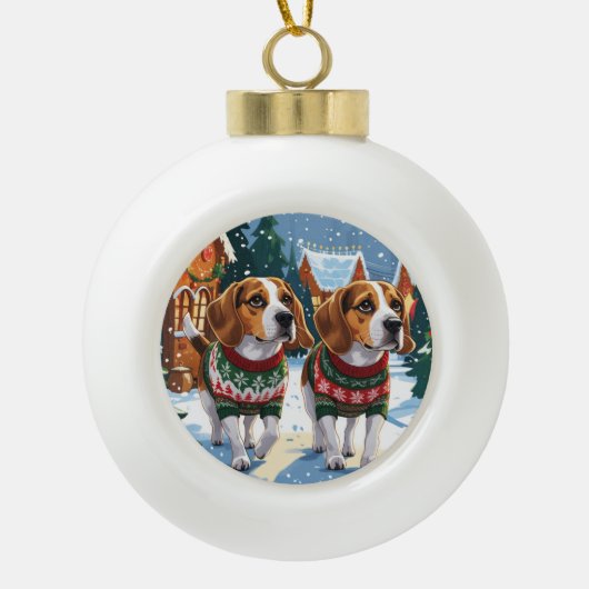 Beagle Dogs Christmas Snow Holiday セラミックボールオーナメント (正面)