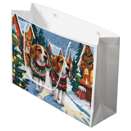 Beagle Dogs Christmas Snow Holiday ラージペーパーバッグ (正面アングル)