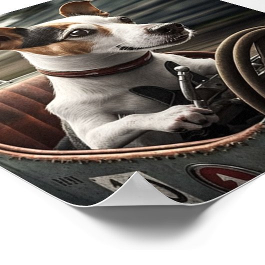 Beagle driving Racing car ポスター (角)