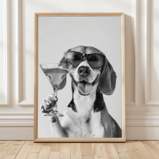Beagle Holding A Cocktail Wall Art, Black and Whit ポスター