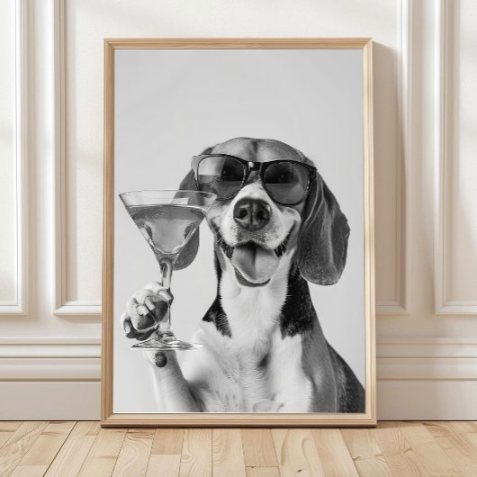 Beagle Holding A Cocktail Wall Art, Black and Whit ポスター