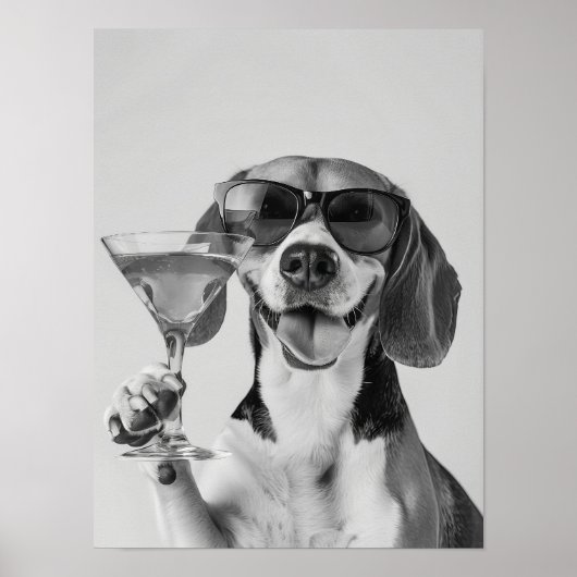 Beagle Holding A Cocktail Wall Art, Black and Whit ポスター (正面)