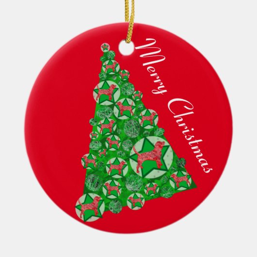 Beagle Hound Dog Silhouette Christmas Tree Red セラミックオーナメント (正面)
