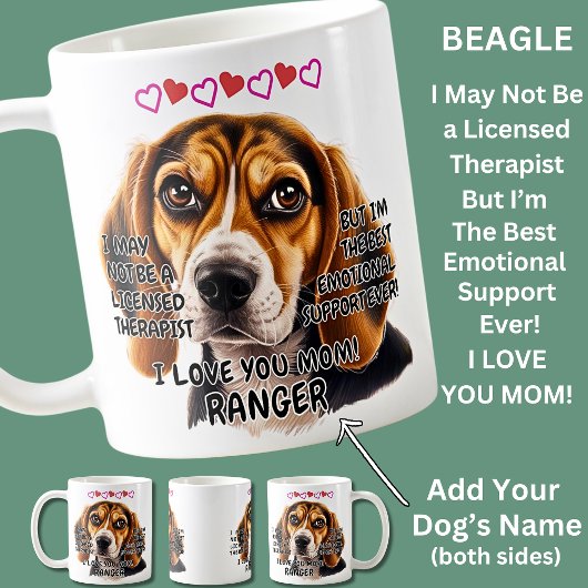 Beagle Mug、犬の名前を追加、文字を変更できる コーヒーマグカップ