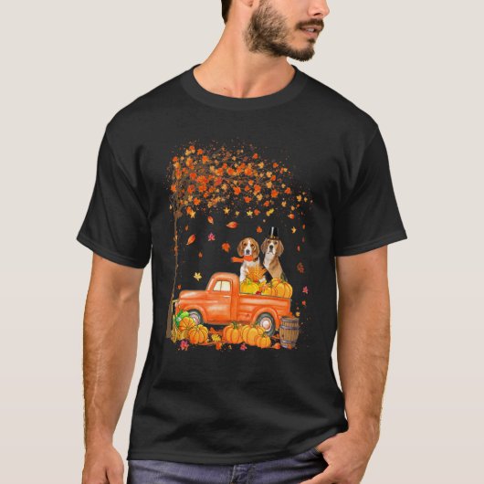 Beagle On Pumpkin Truck Thanksgiving Dog Tシャツ (正面)