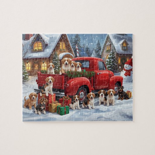 Beagle Puppies Red Truck Christmas Snow Scene ジグソーパズル (横)