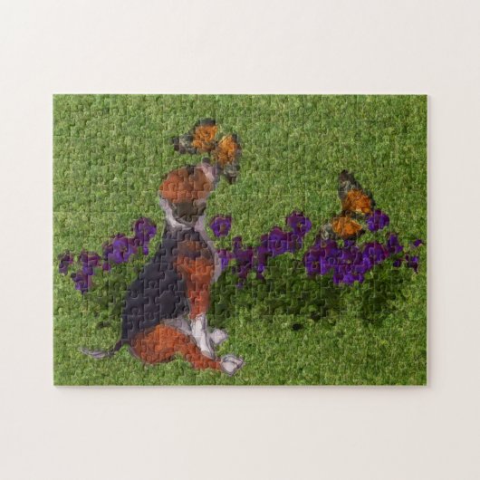 Beagle Puppy Butterflies Dog Art Photo Painting  ジグソーパズル (横)