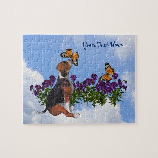 Beagle Puppy Butterflies Flowers Personalized ジグソーパズル (横)