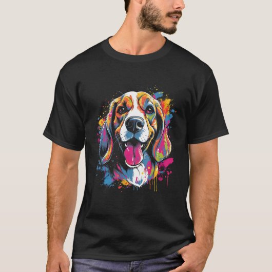 Beagle Retro Rainbow Color Splashes Design Tシャツ (正面)