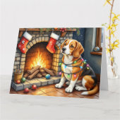 Beagle Sitting by Fireplace with Christmas Lights カード (黄色い花)