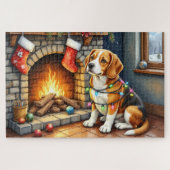 Beagle Sitting by Fireplace with Christmas Lights ジグソーパズル (横)