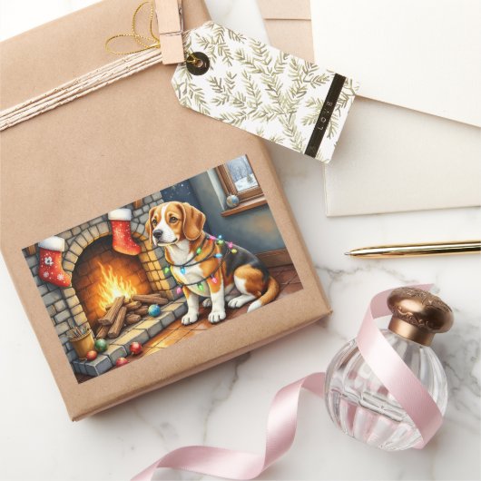 Beagle Sitting by Fireplace with Christmas Lights 長方形シール (ギフト)